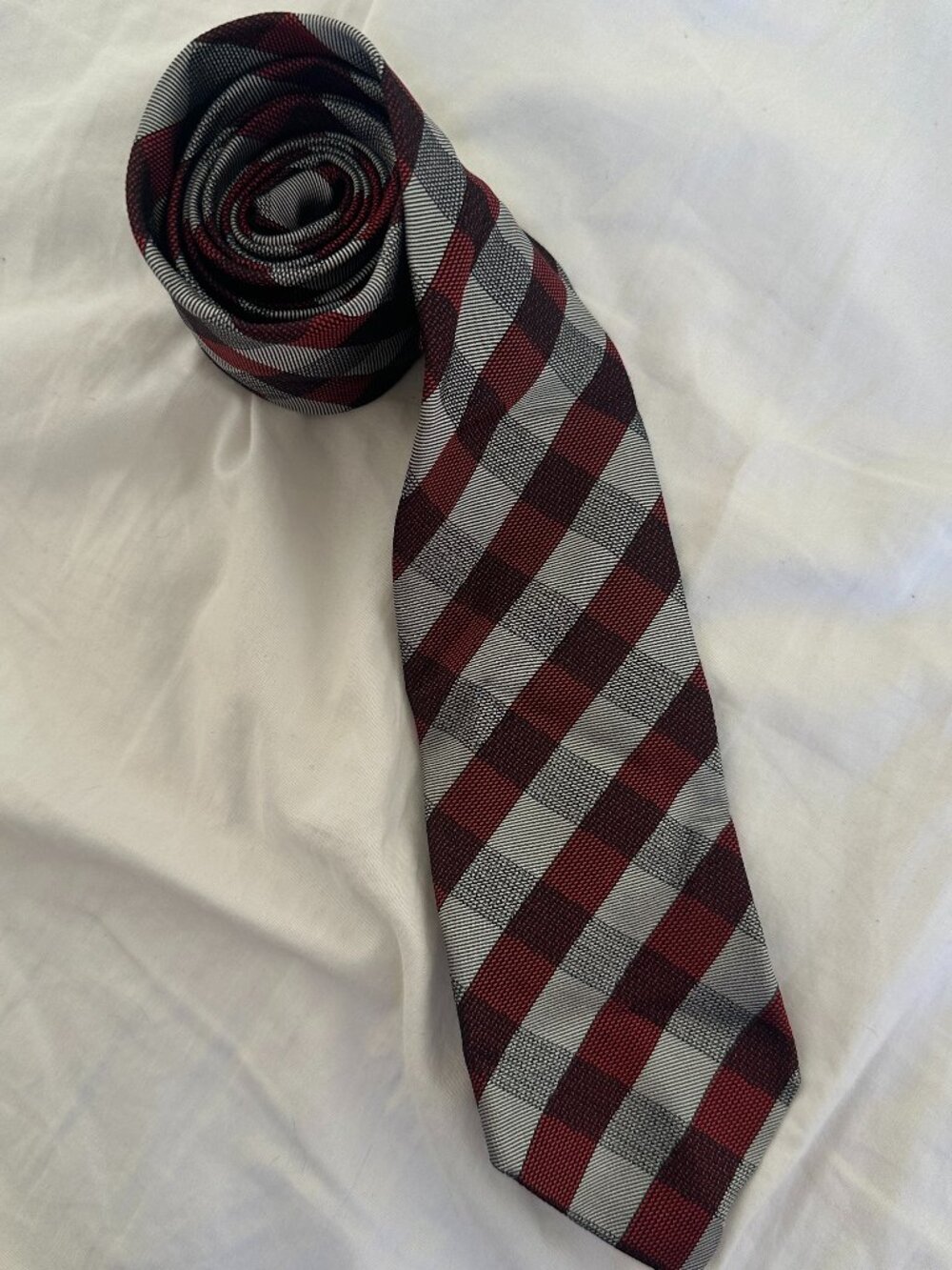 Hugo Boss Red and Gray Plaid Formal Tie